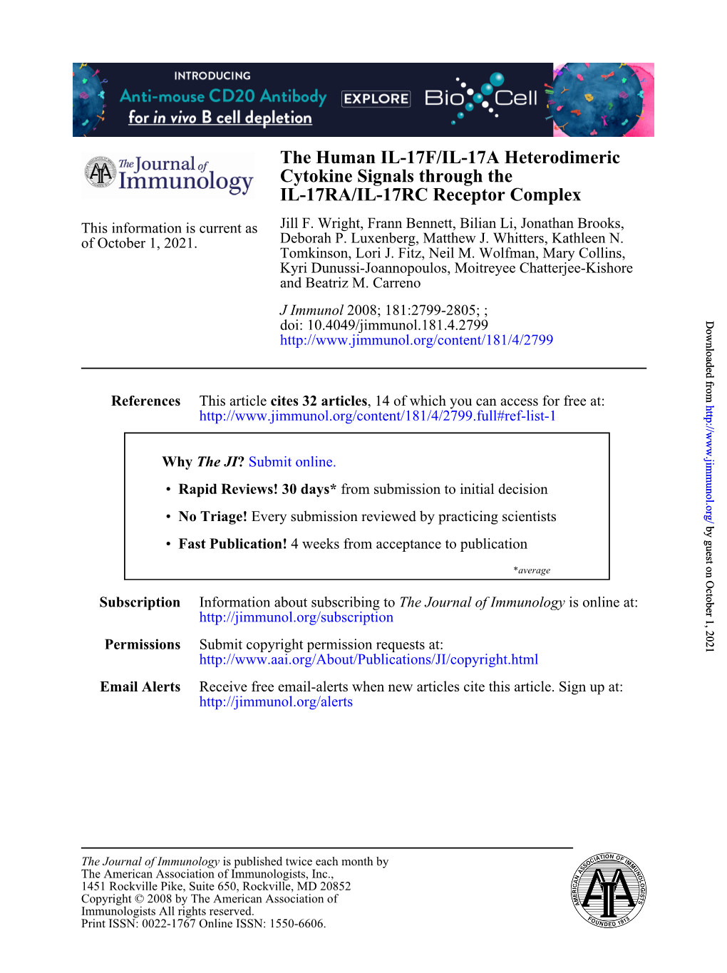 IL-17RA/IL-17RC Receptor Complex Cytokine Signals Through the The