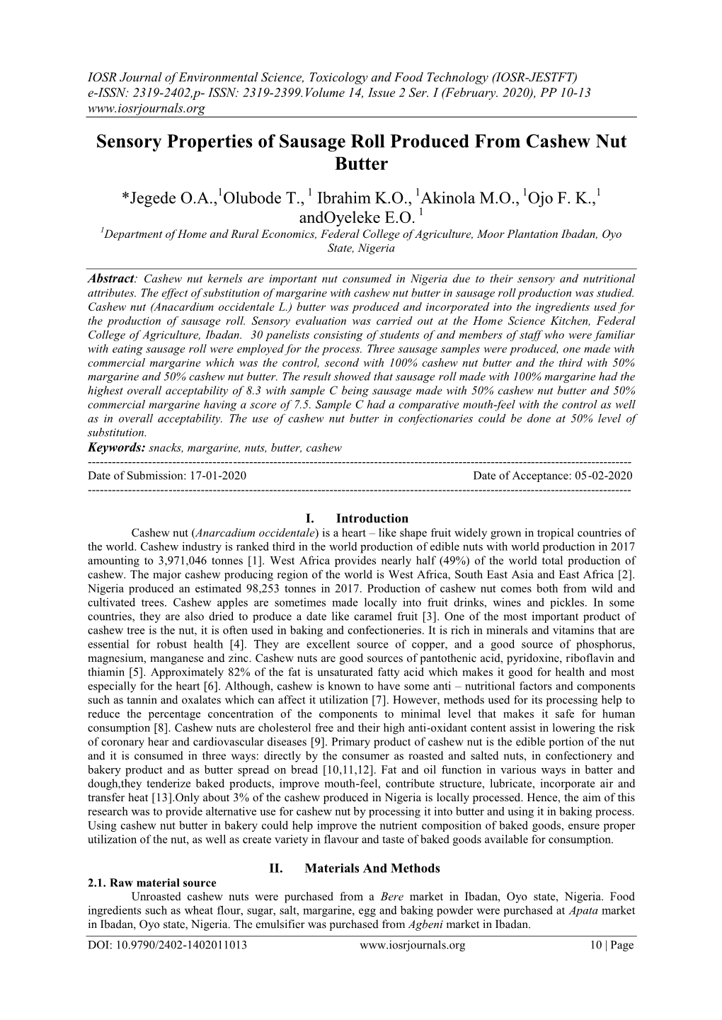 Sensory Properties of Sausage Roll Produced from Cashew Nut Butter