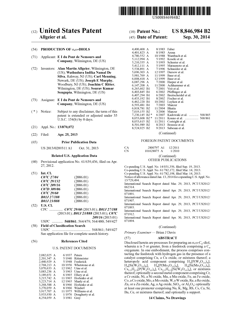 (12) United States Patent (10) Patent No.: US 8,846,984 B2 Allgeier Et Al