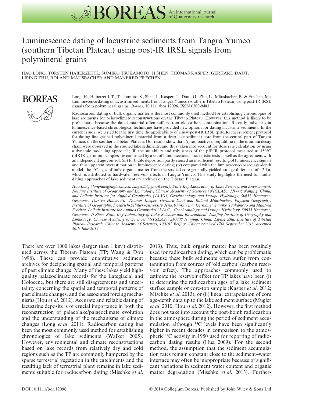 Luminescence Dating of Lacustrine Sediments from Tangra Yumco (Southern Tibetan Plateau) Using Post-IR IRSL Signals from Polymineral Grains