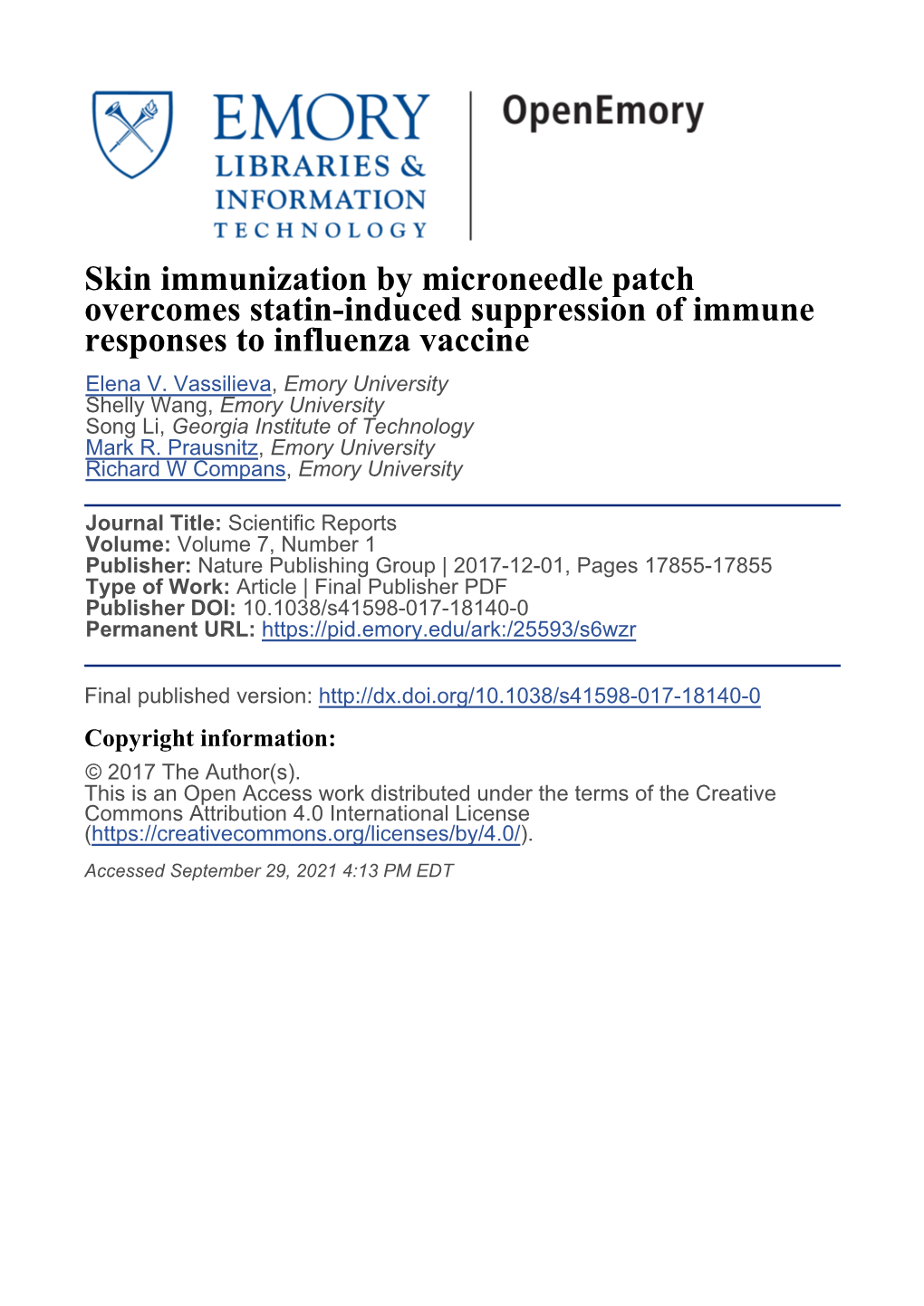 Skin Immunization by Microneedle Patch Overcomes Statin-Induced Suppression of Immune Responses to Influenza Vaccine Elena V