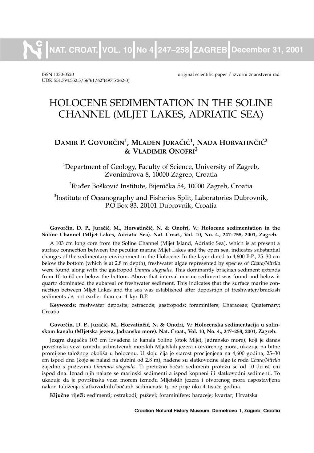 Holocene Sedimentation in the Soline Channel (Mljet Lakes, Adriatic Sea)