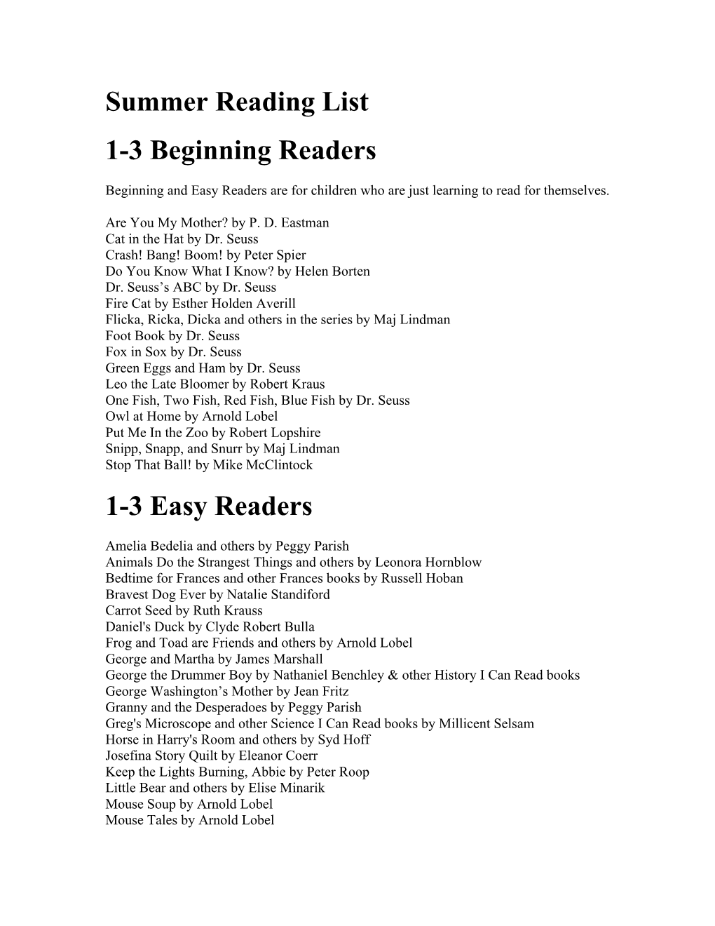 Summer Reading List 1-3 Beginning Readers