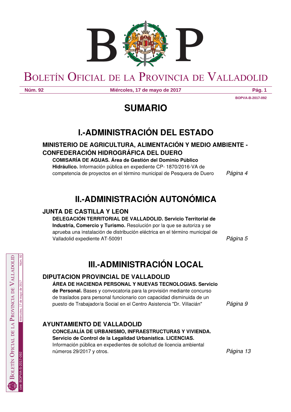 Sumario Boletín Oficial De La Provincia De Valladolid