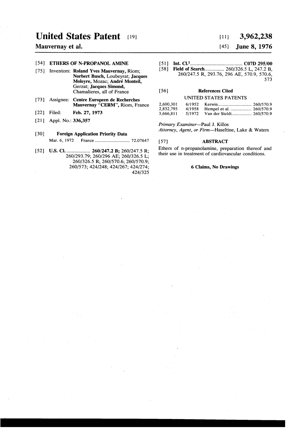 United States Patent (19) 11 3,962,238 Mauvernay Et Al