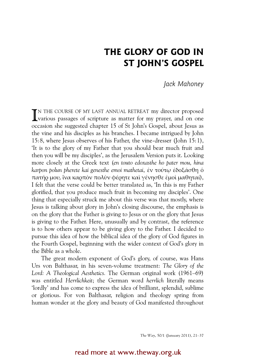 The Glory of God in St John's Gospel