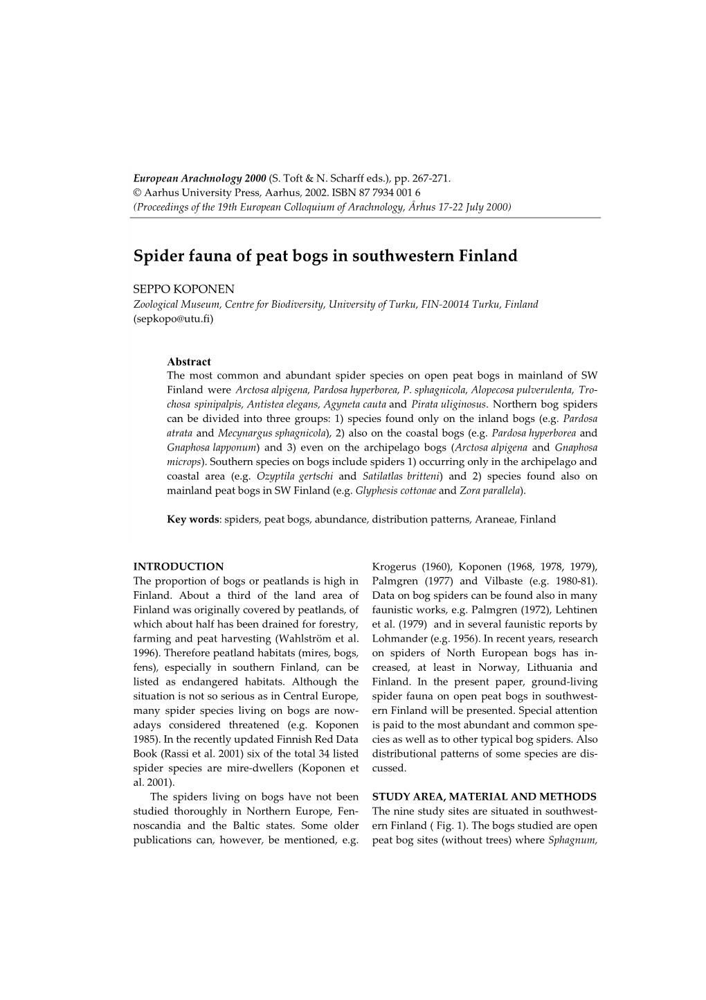 Spider Fauna of Peat Bogs in Southwestern Finland