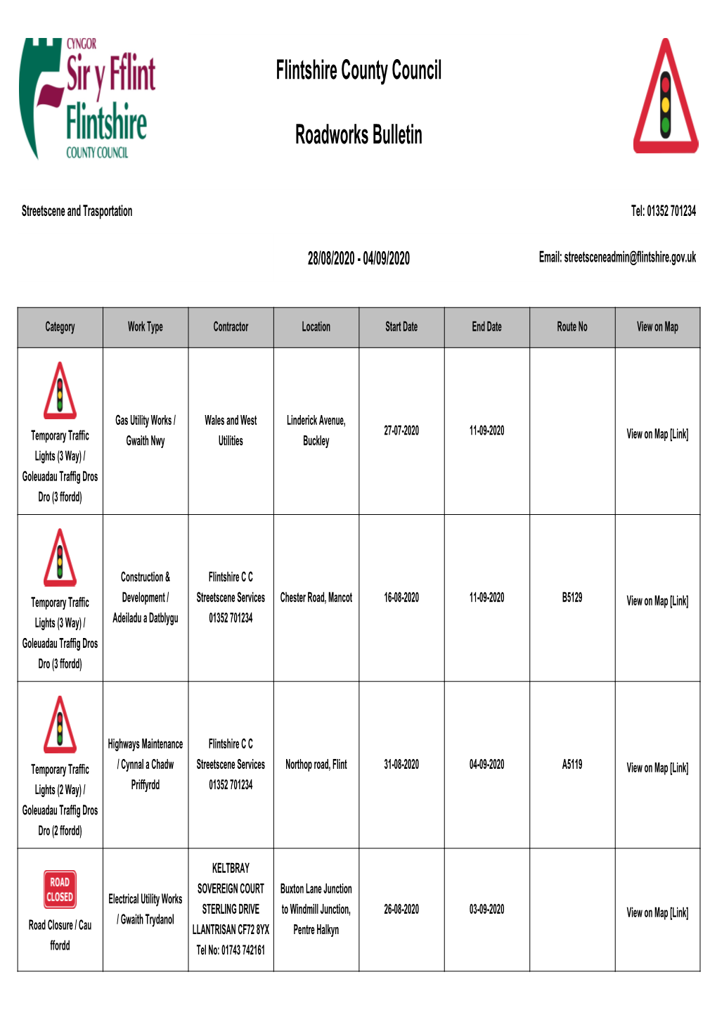 Flintshire County Council Roadworks Bulletin