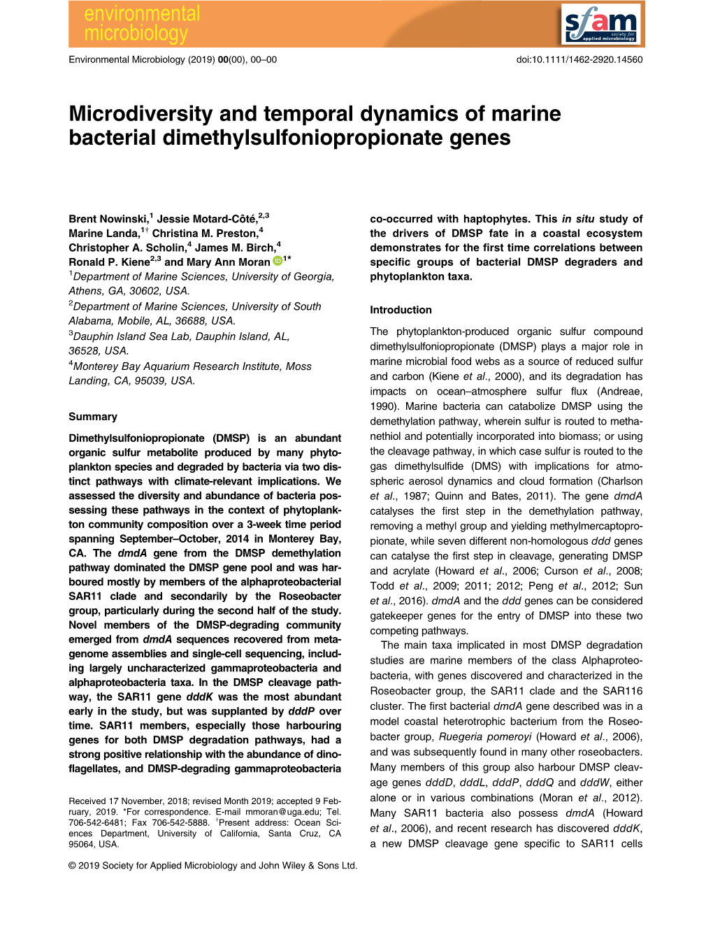 Microdiversity and Temporal Dynamics of Marine Bacterial Dimethylsulfoniopropionate Genes