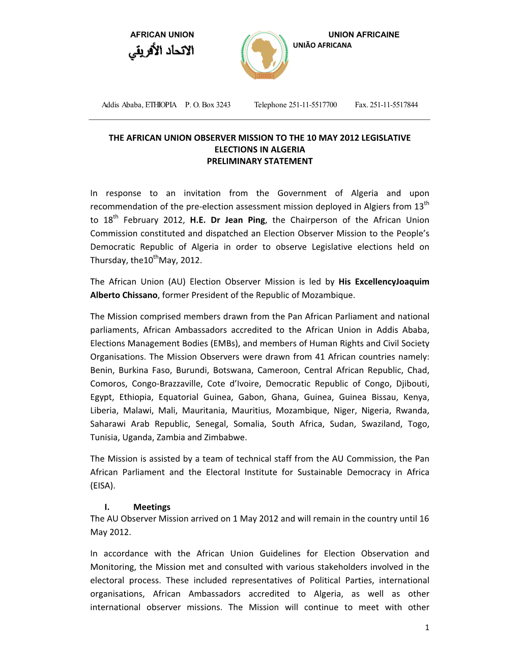 The African Union Observer Mission to the 10 May 2012 Legislative Elections in Algeria Preliminary Statement