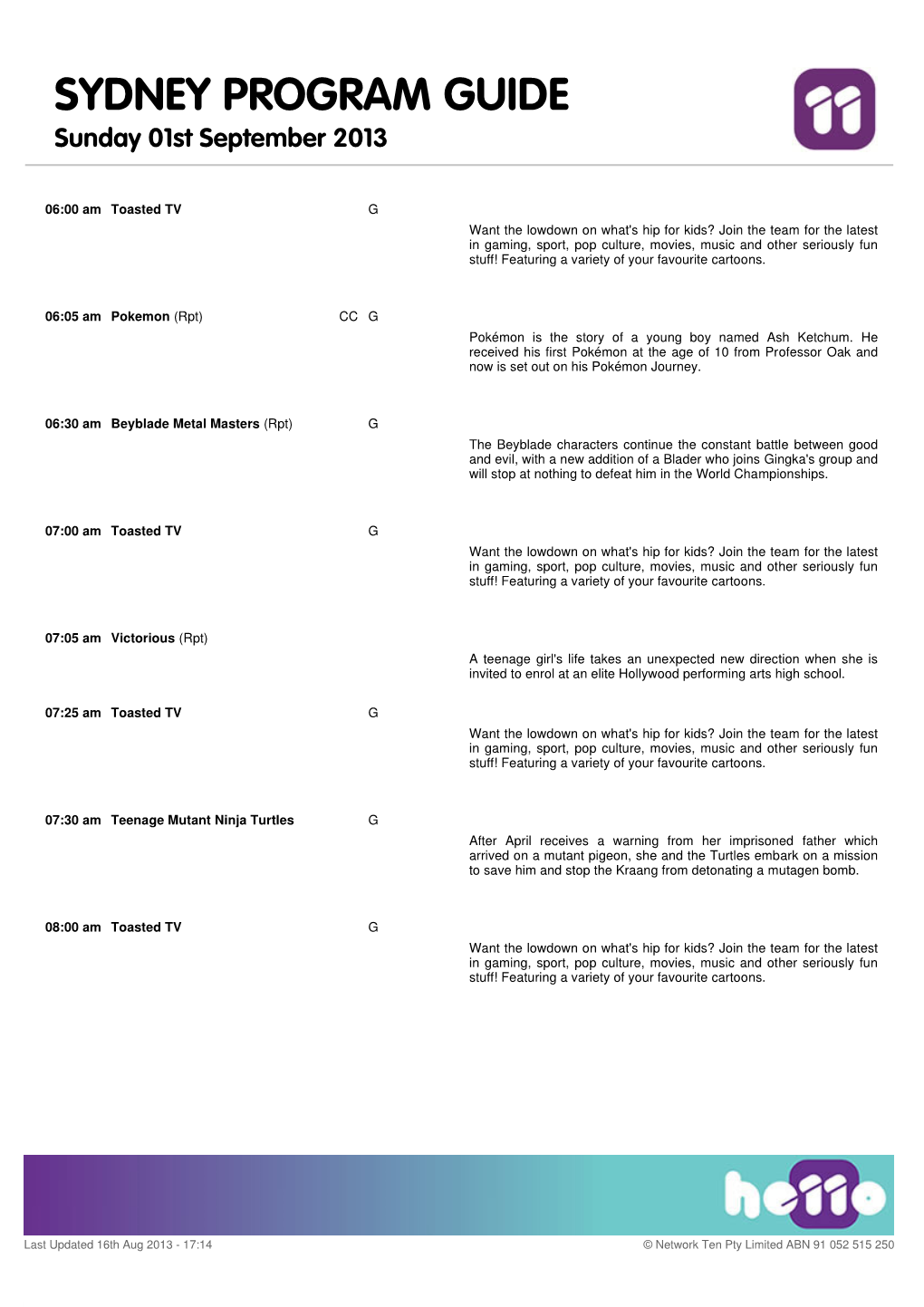 SYDNEY PROGRAM GUIDE Sunday 01St September 2013