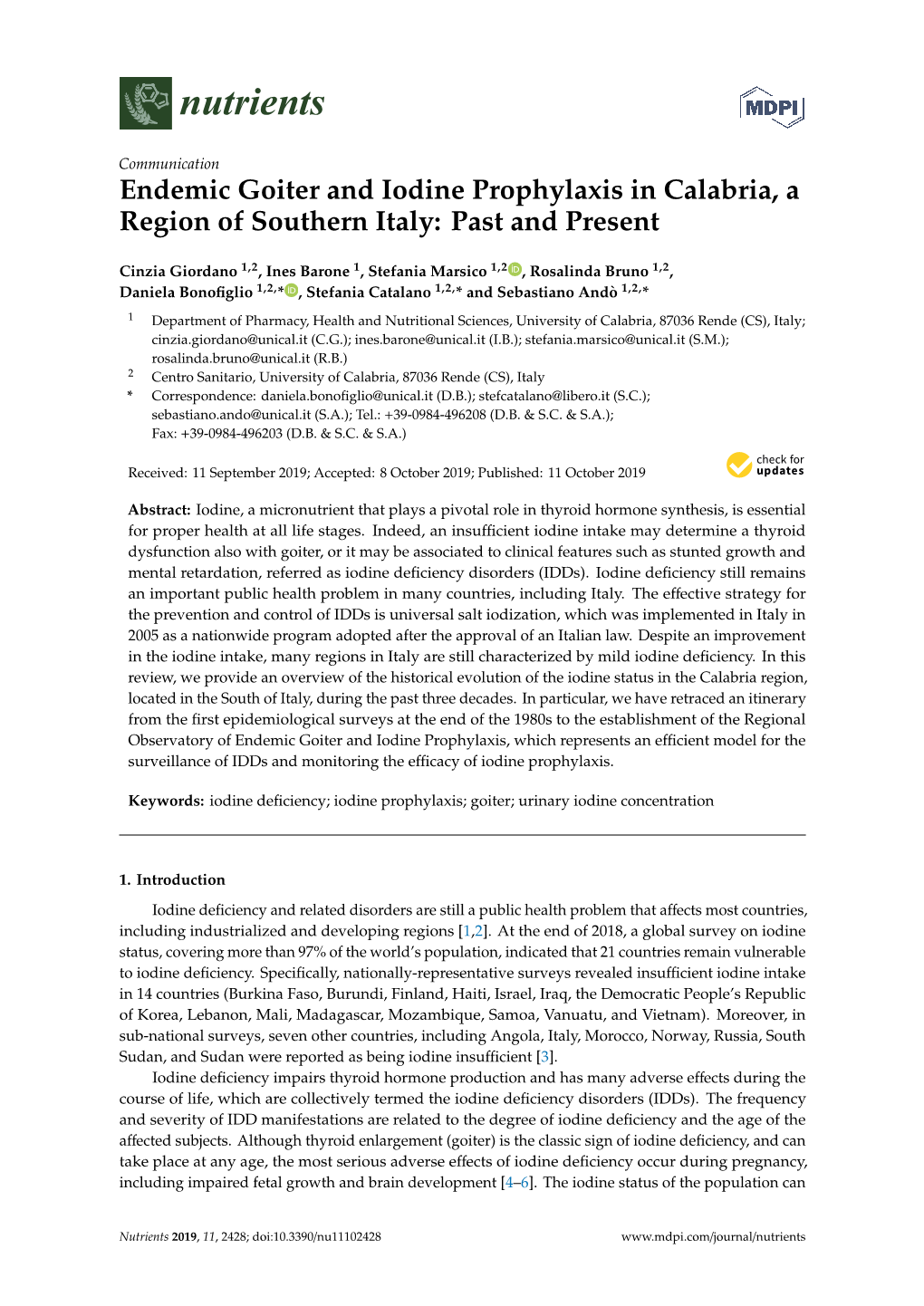 Endemic Goiter and Iodine Prophylaxis in Calabria, a Region of Southern Italy: Past and Present