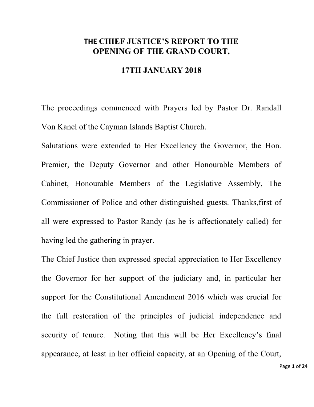 Chief Justice's Report to the Opening of the Courts