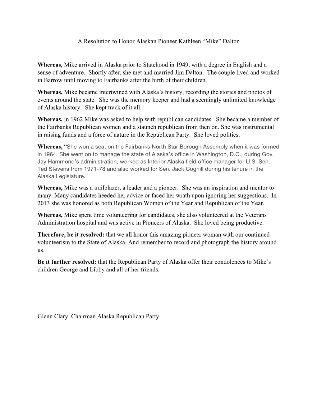 A Resolution to Honor Alaskan Pioneer Kathleen “Mike” Dalton