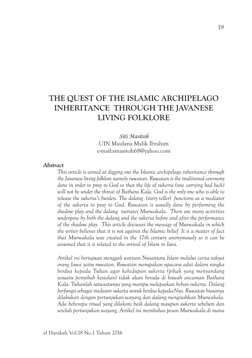 The Quest of the Islamic Archipelago Inheritance Through the Javanese Living Folklore