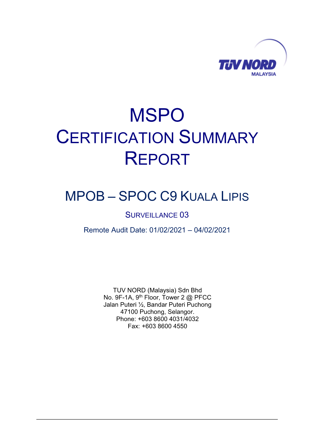 Certification Summary Report