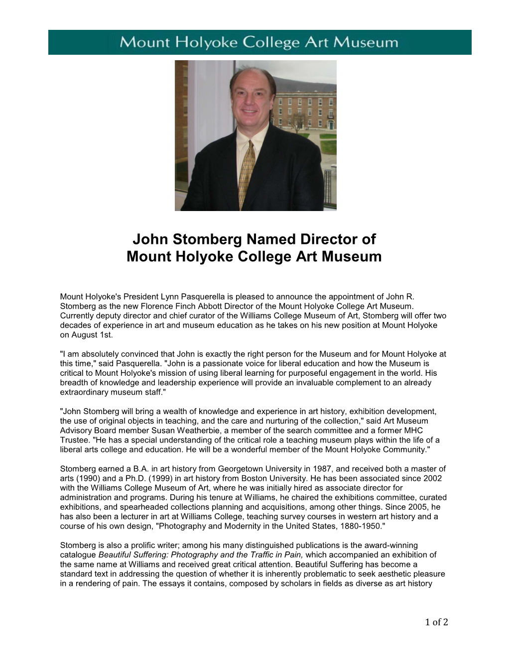 John Stomberg Named Director of Mount Holyoke College Art Museum