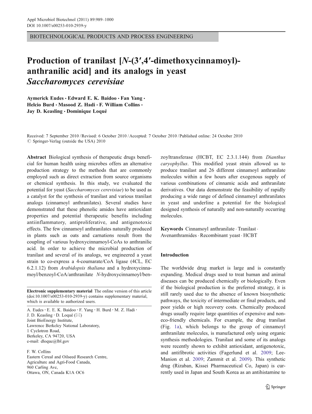 Production of Tranilast [N-(3′,4′-Dimethoxycinnamoyl)- Anthranilic Acid] and Its Analogs in Yeast Saccharomyces Cerevisiae