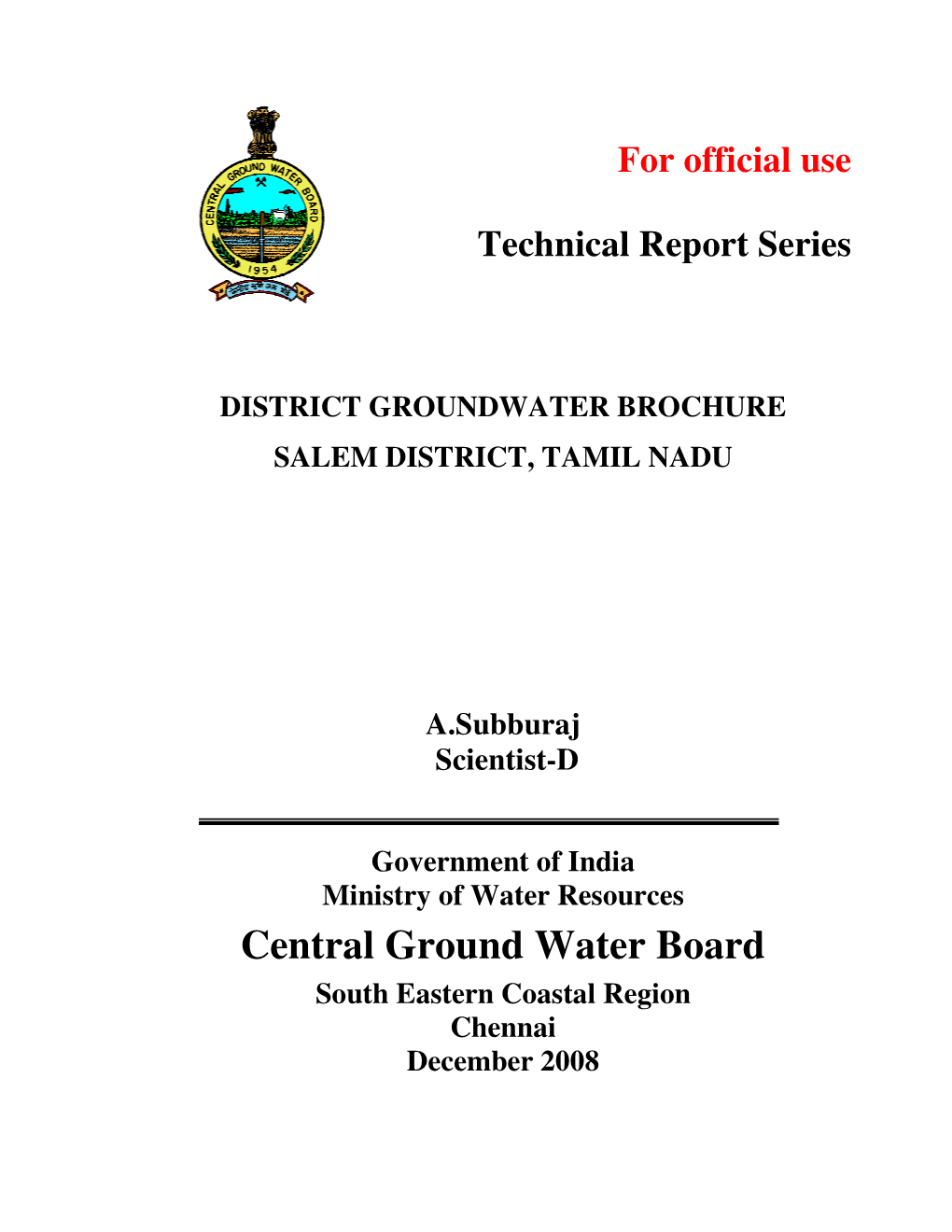 District Groundwater Brochure Salem District, Tamil Nadu