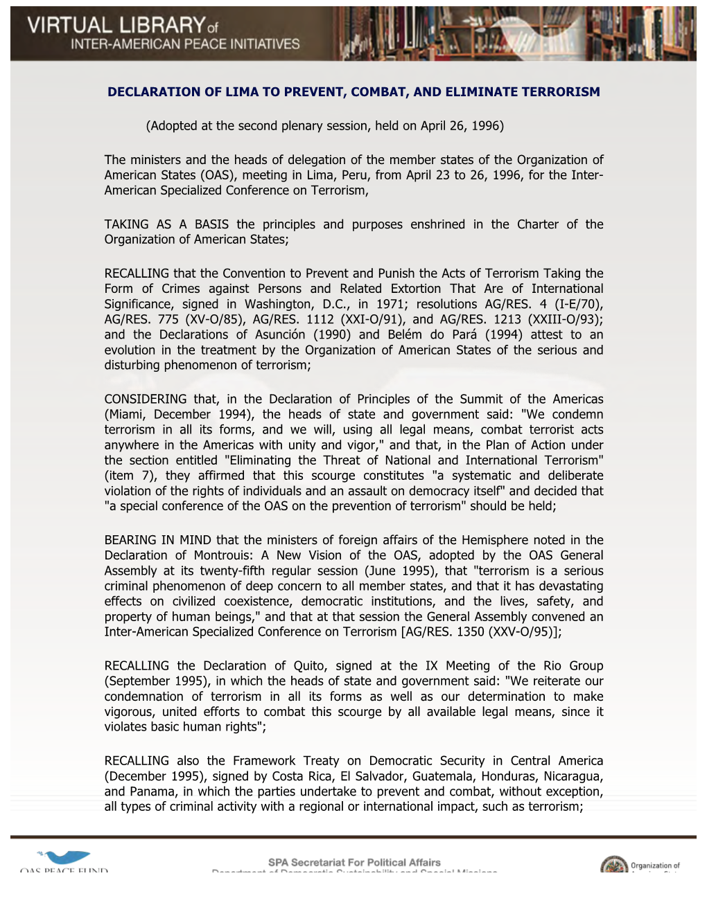 Declaration of Lima to Prevent, Combat, and Eliminate Terrorism