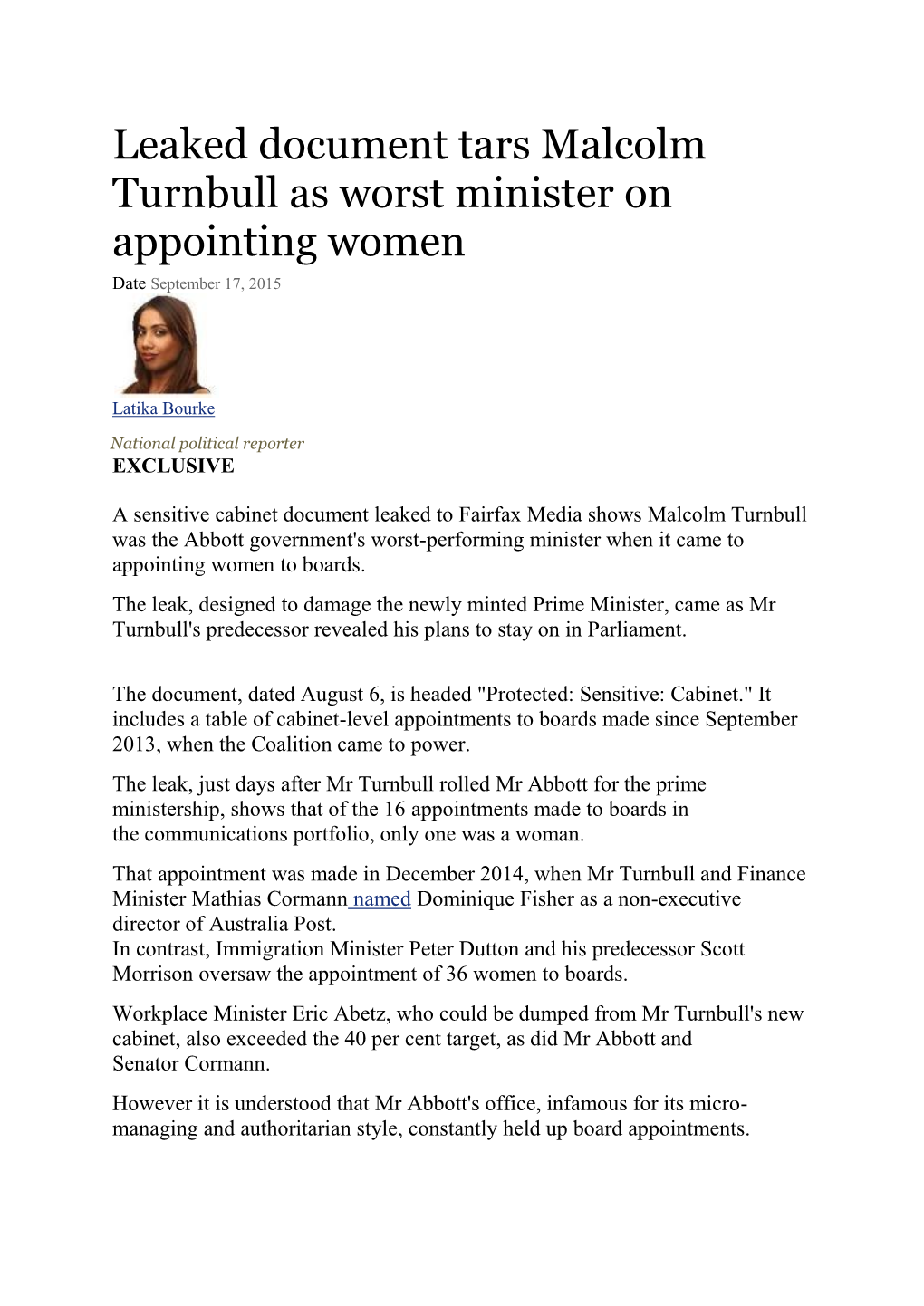 Leaked Document Tars Malcolm Turnbull As Worst Minister on Appointing Women Date September 17, 2015