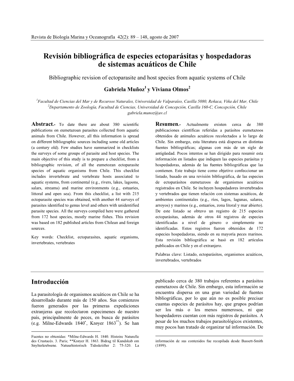 Revisión Bibliográfica De Especies Ectoparásitas Y Hospedadoras De Sistemas Acuáticos De Chile