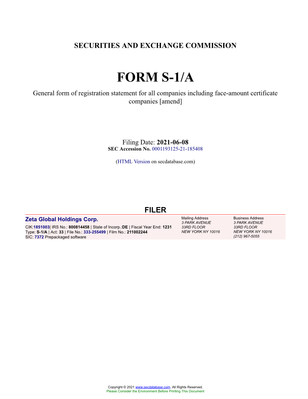 Zeta Global Holdings Corp. Form S-1/A Filed 2021-06-08