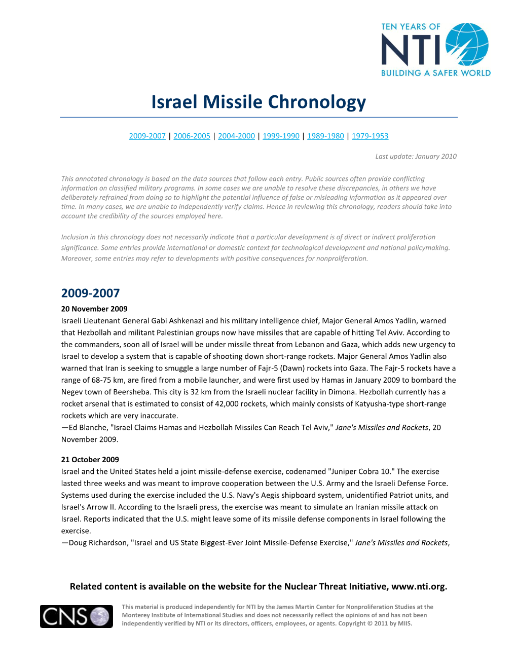 Israel Missile Chronology