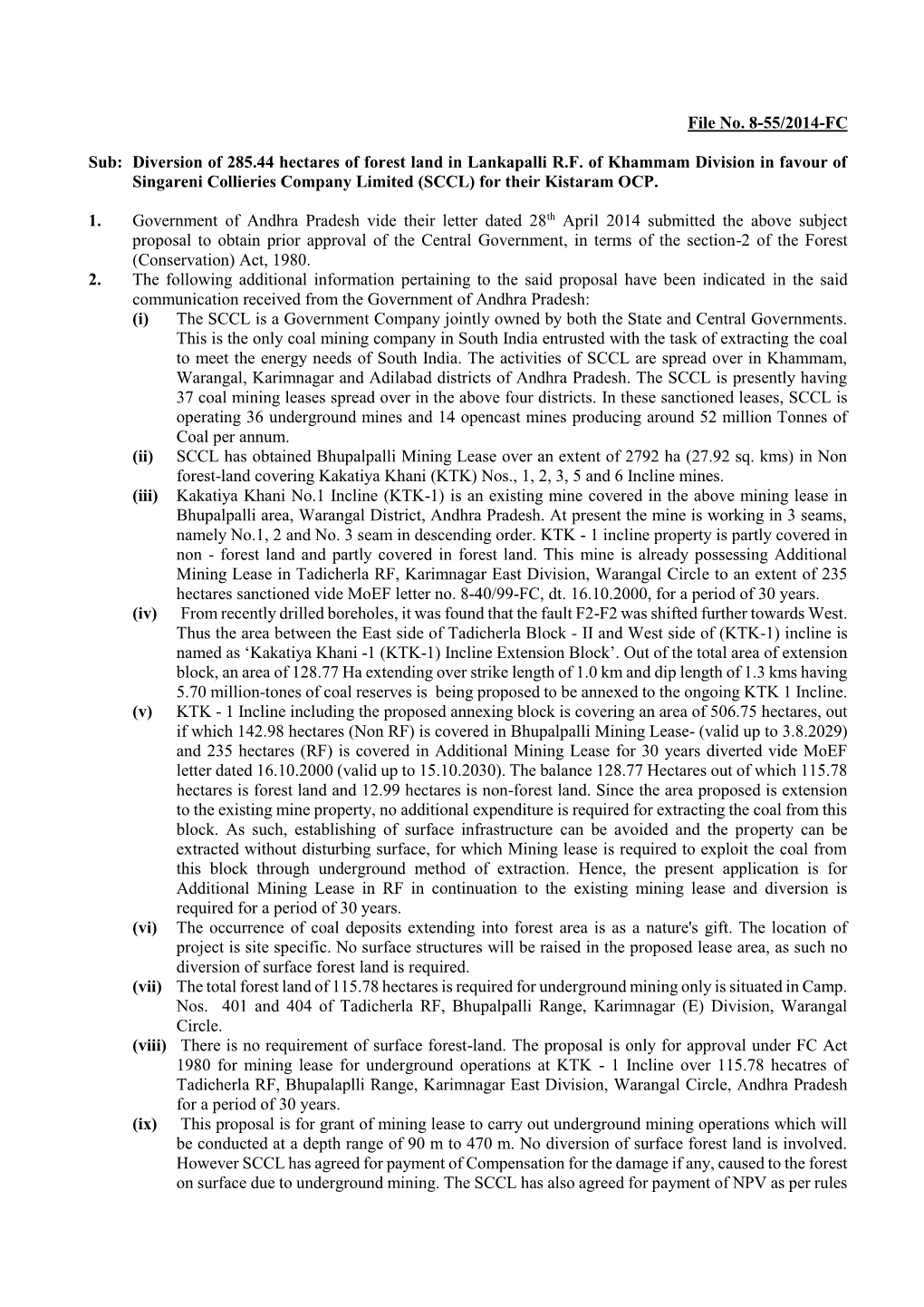 File No. 8-55/2014-FC Sub: Diversion of 285.44 Hectares of Forest Land In