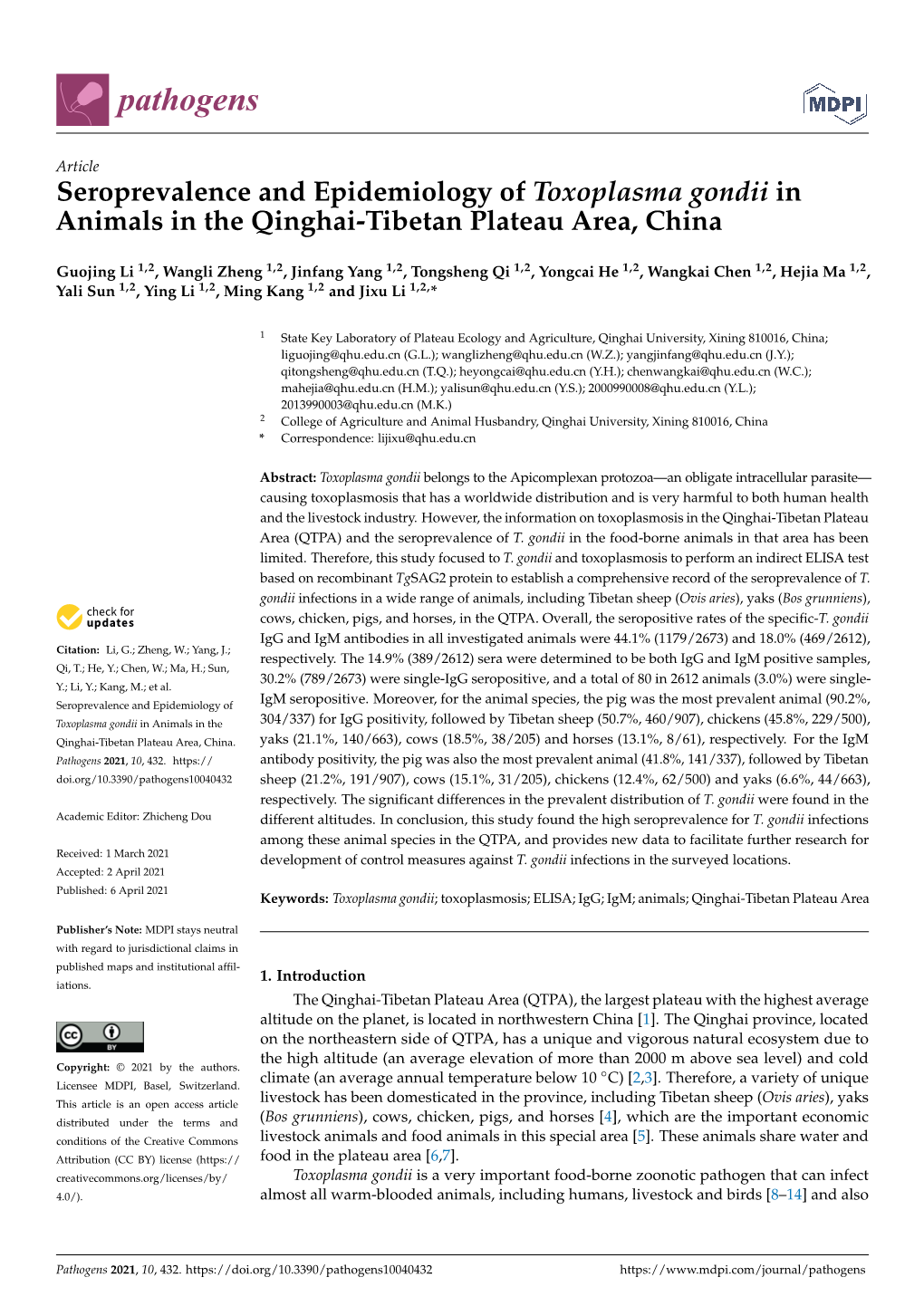 Seroprevalence and Epidemiology of Toxoplasma Gondii in Animals in the Qinghai-Tibetan Plateau Area, China