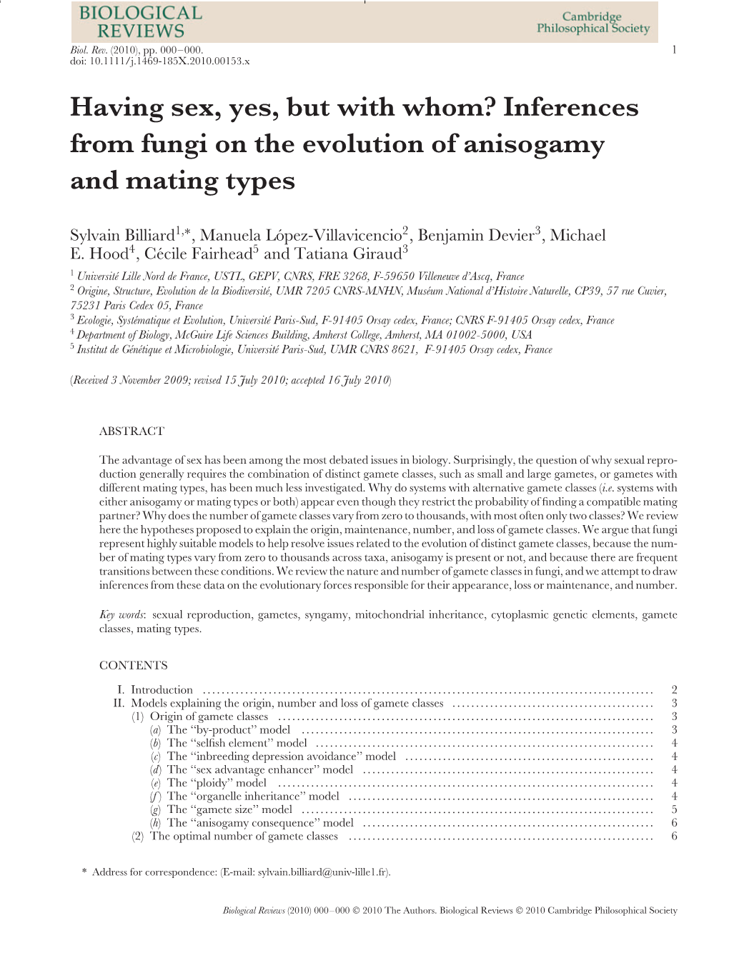 Inferences from Fungi on the Evolution of Anisogamy and Mating Types