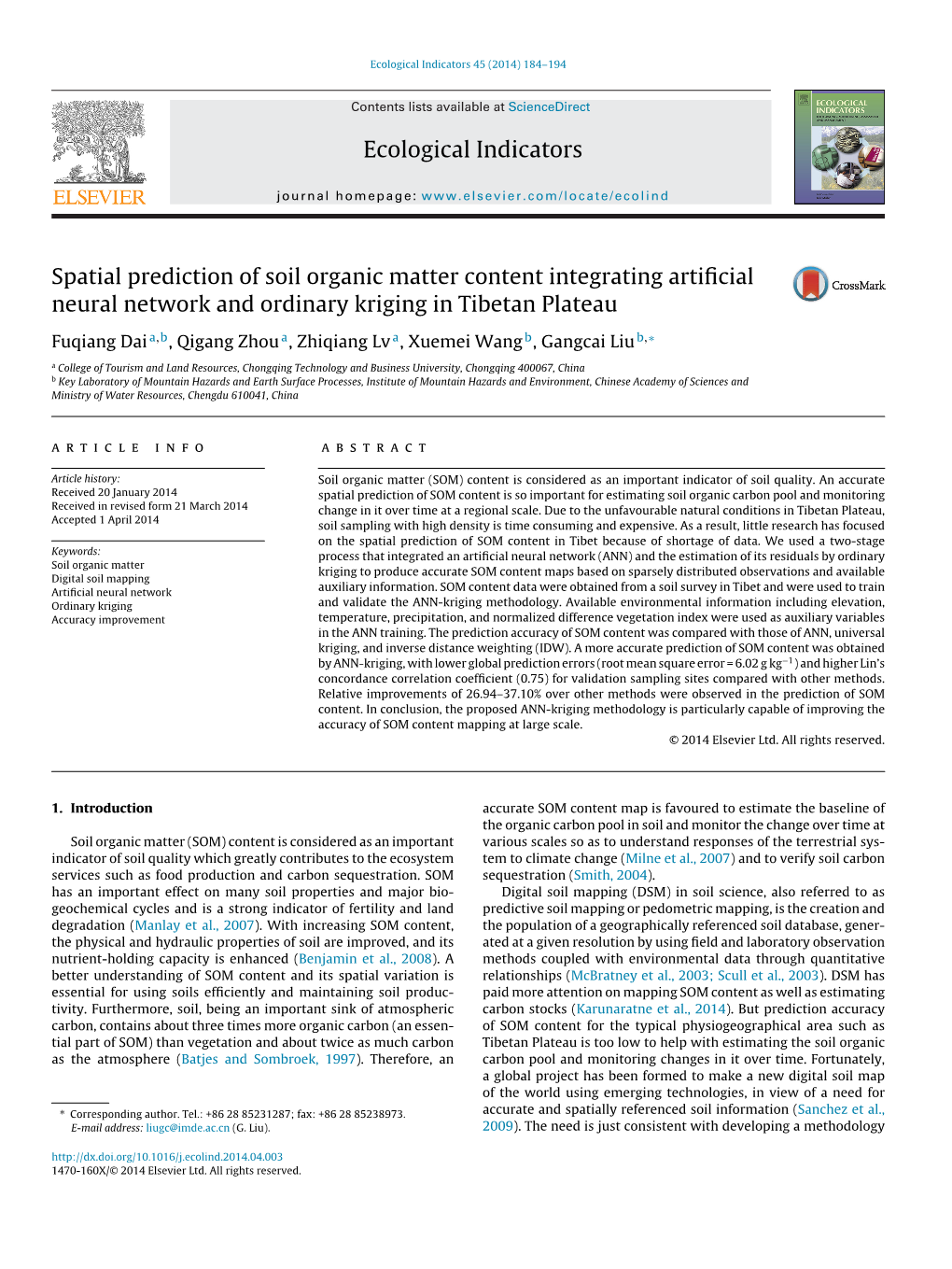 Spatial Prediction of Soil Organic Matter Content Integrating Artificial