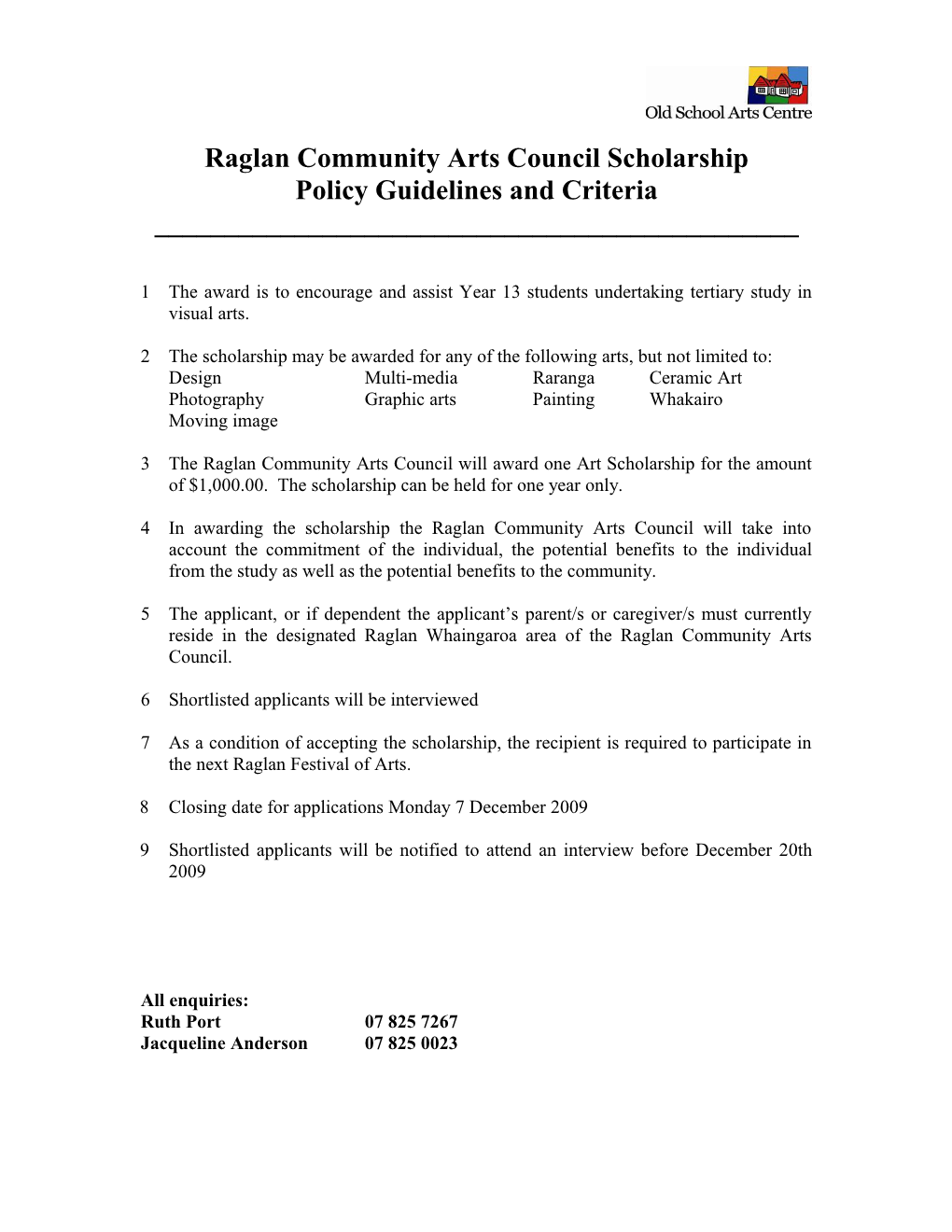 Raglan Community Arts Council Scholarship