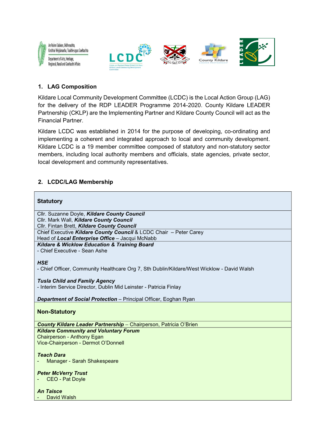 1. LAG Composition Kildare Local Community Development Committee (LCDC) Is the Local Action Group (LAG) for the Delivery of the RDP LEADER Programme 2014-2020