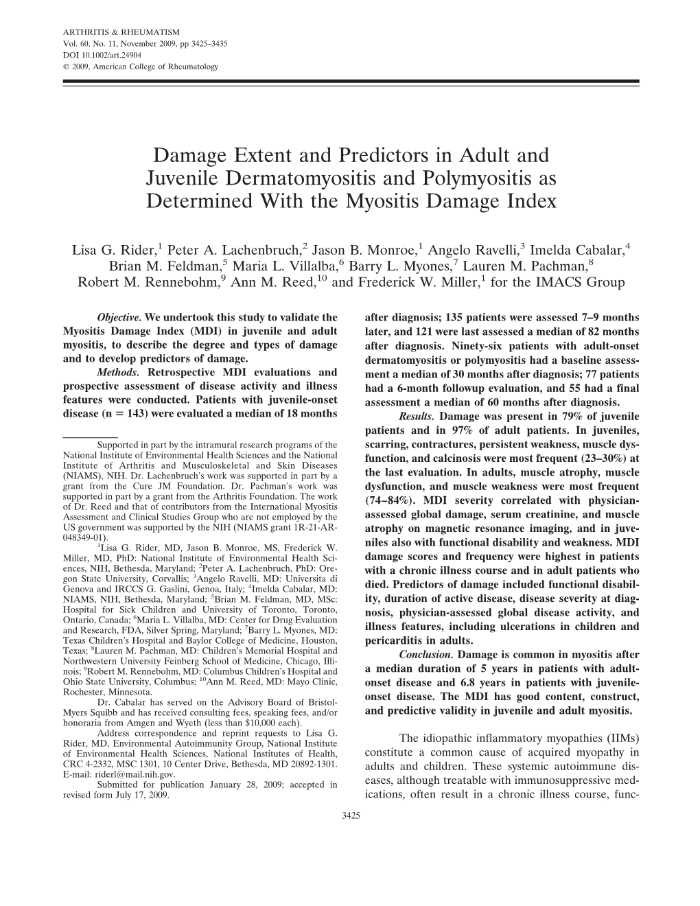 Damage Extent and Predictors in Adult and Juvenile Dermatomyositis and Polymyositis As Determined with the Myositis Damage Index