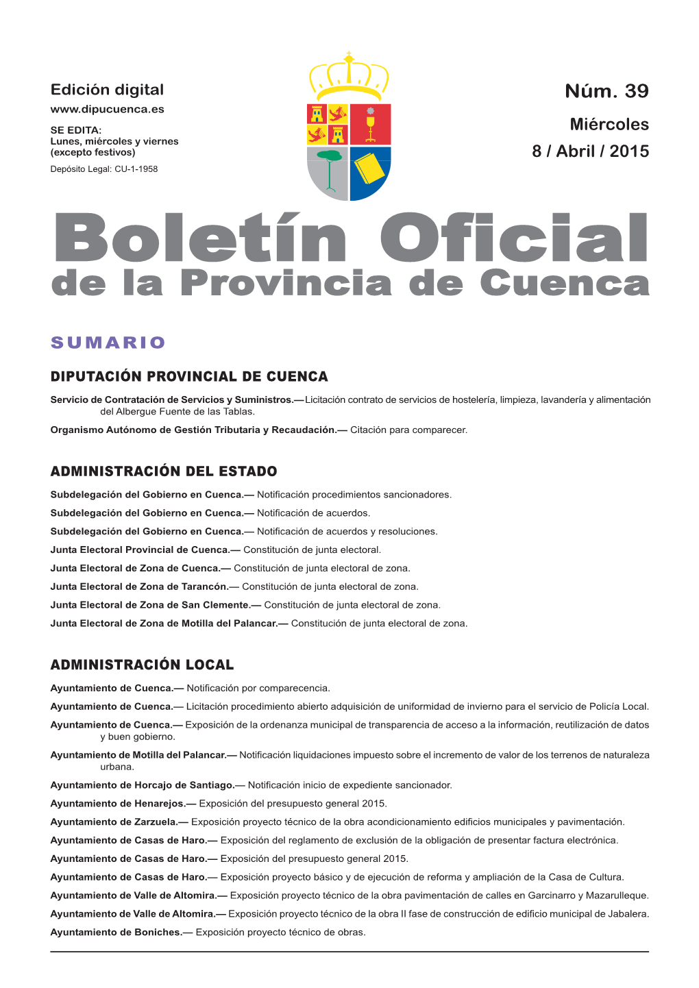 Boletín Oficial De La Provincia De Cuenca Sumario Diputación Provincial De Cuenca