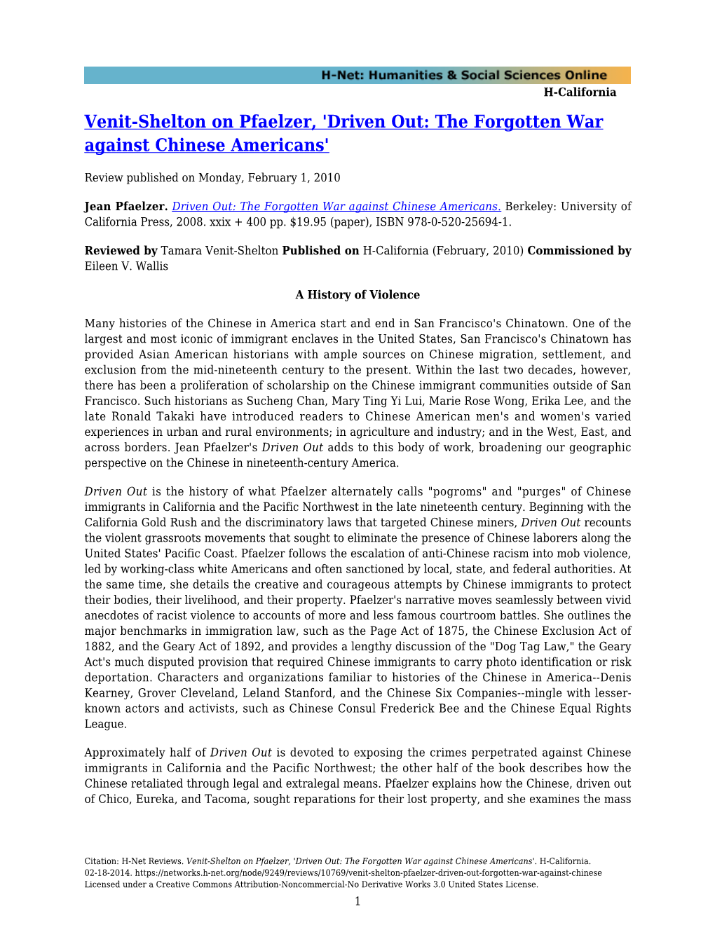 Venit-Shelton on Pfaelzer, 'Driven Out: the Forgotten War Against Chinese Americans'