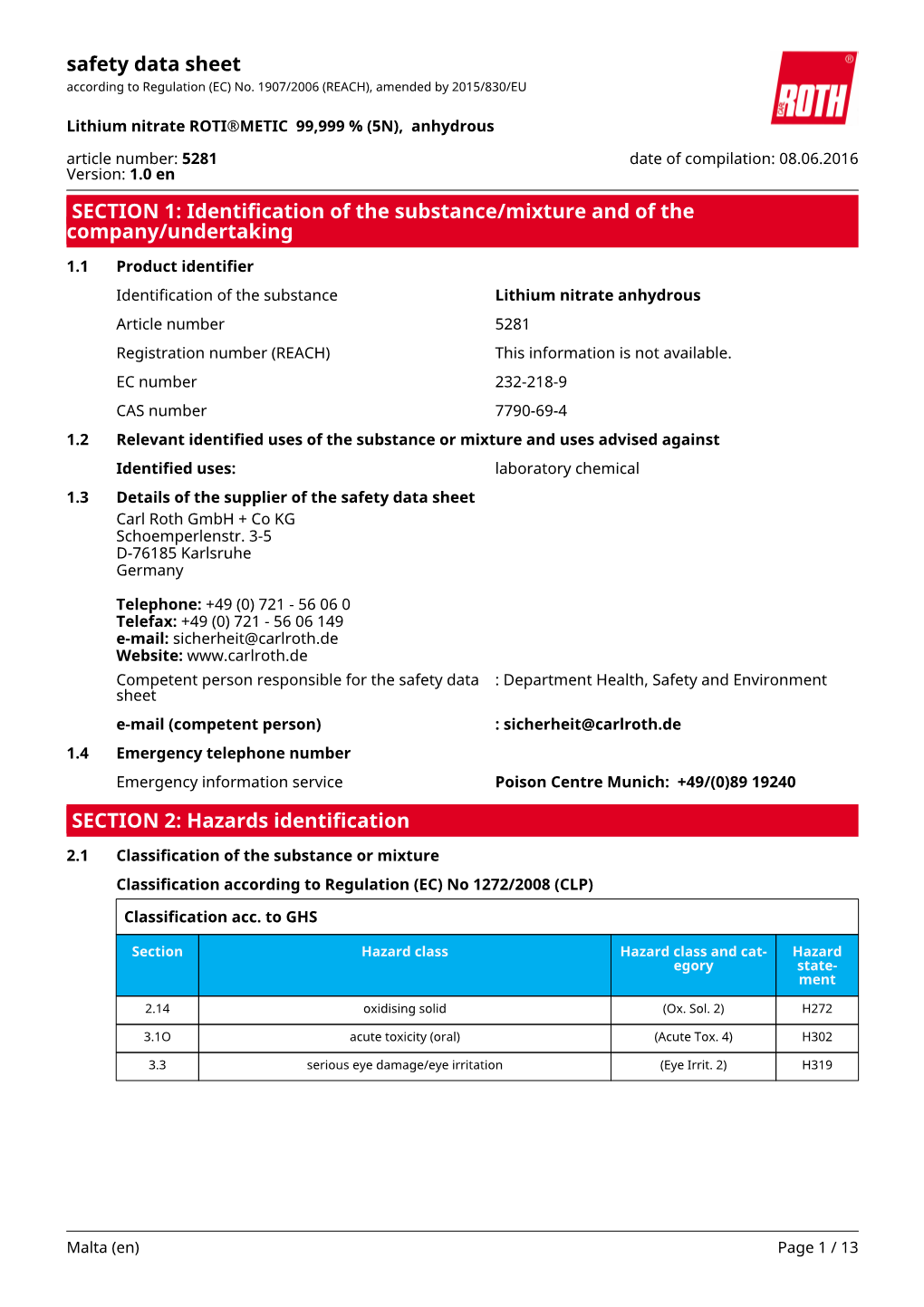 Safety Data Sheet: Lithium Nitrate