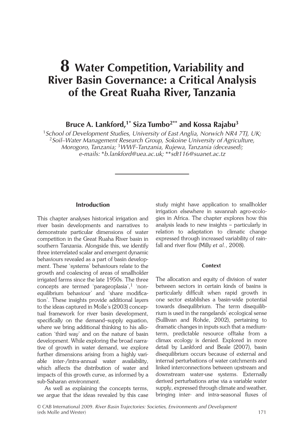 8 Water Competition, Variability and River Basin Governance: a Critical Analysis of the Great Ruaha River, Tanzania