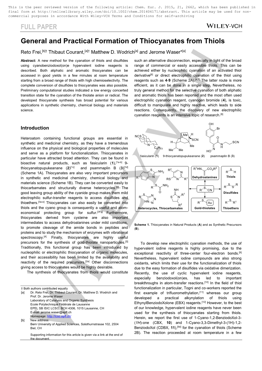 FULL PAPER General and Practical Formation of Thiocyanates from Thiols