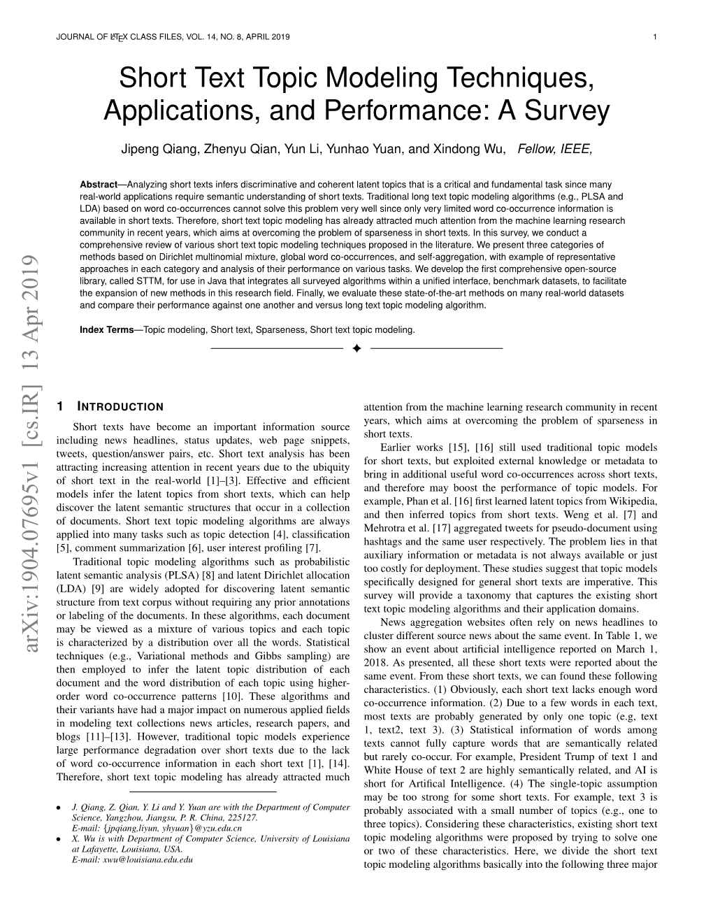 Short Text Topic Modeling Techniques, Applications, and Performance: a Survey