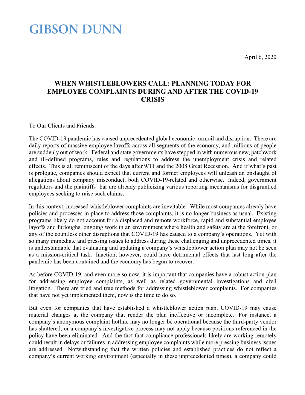 When Whistleblowers Call: Planning Today for Employee Complaints During and After the Covid-19 Crisis