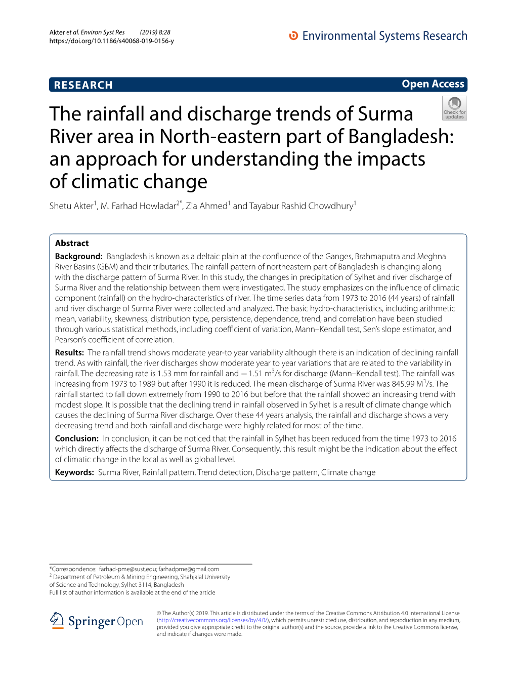 The Rainfall and Discharge Trends of Surma River Area in North-Eastern Part of Bangladesh: an Approach for Understanding The