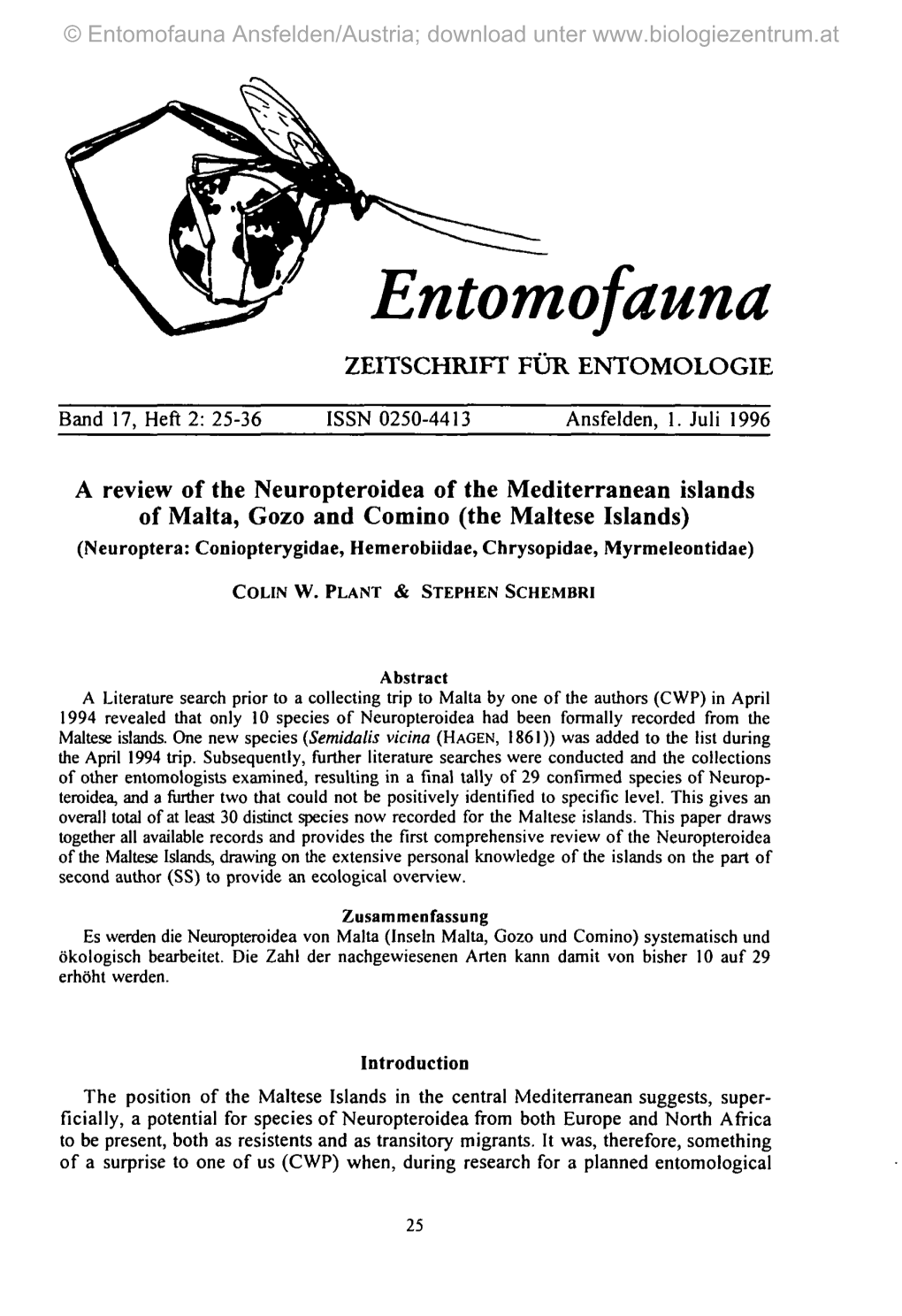 A Review of the Neuropteroidea of the Mediterranean Islands of Malta, Gozo and Comino (The Maltese Islands)