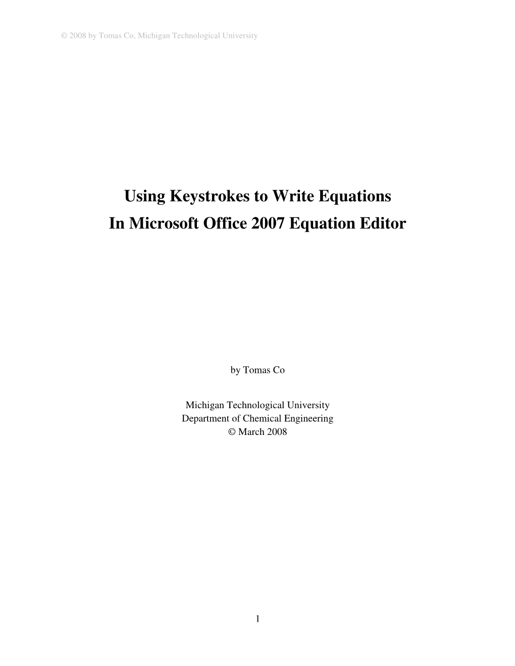 Using Keystrokes to Write Equations in Microsoft Office 2007 Equation Editor