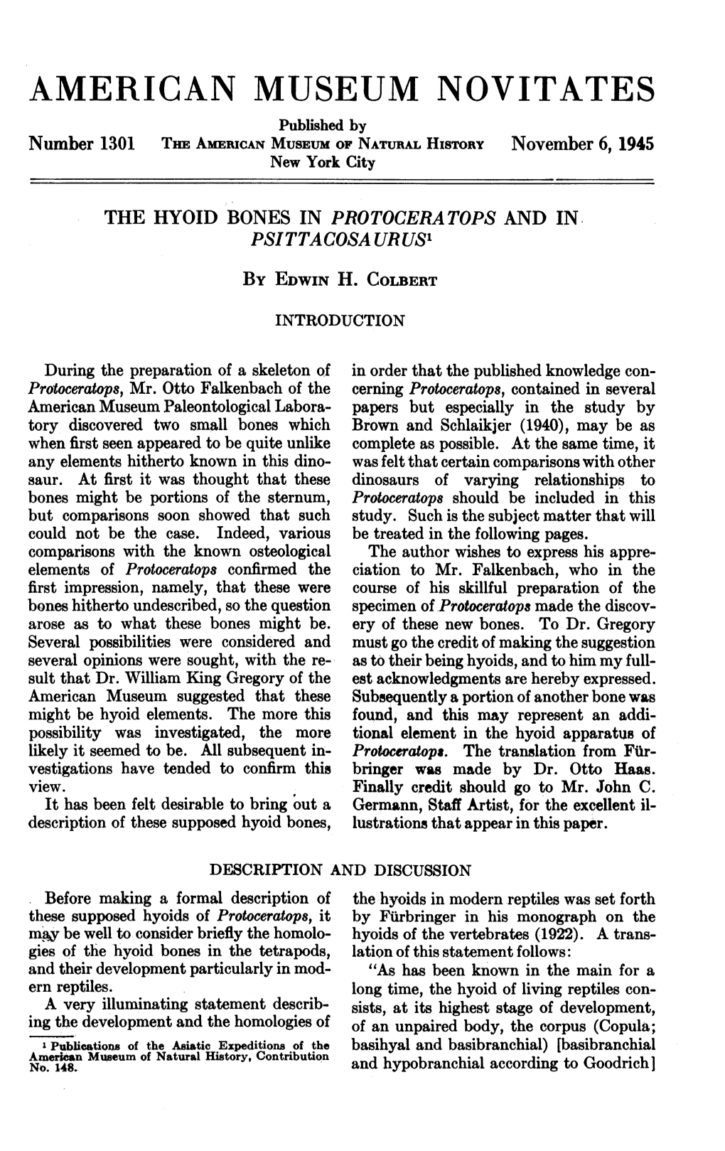 AMERICAN MUSEUM NOVITATES Published by Number 1301 Thm AMERICAN MUSEUM of NATURAL History November 6, 1945 New York City