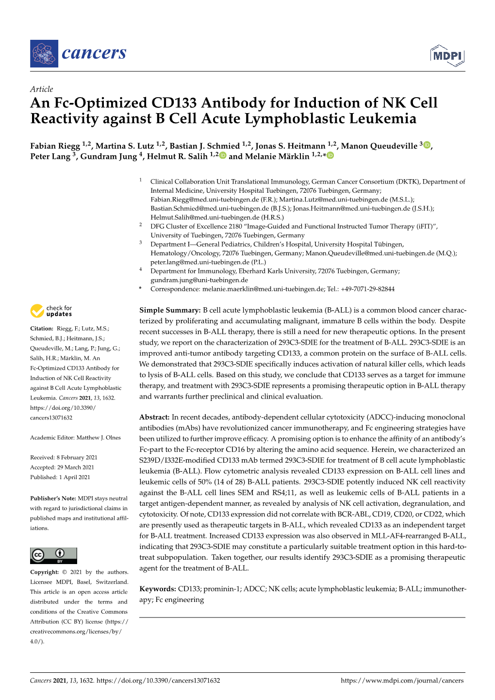 An Fc-Optimized CD133 Antibody for Induction of NK Cell Reactivity Against B Cell Acute Lymphoblastic Leukemia