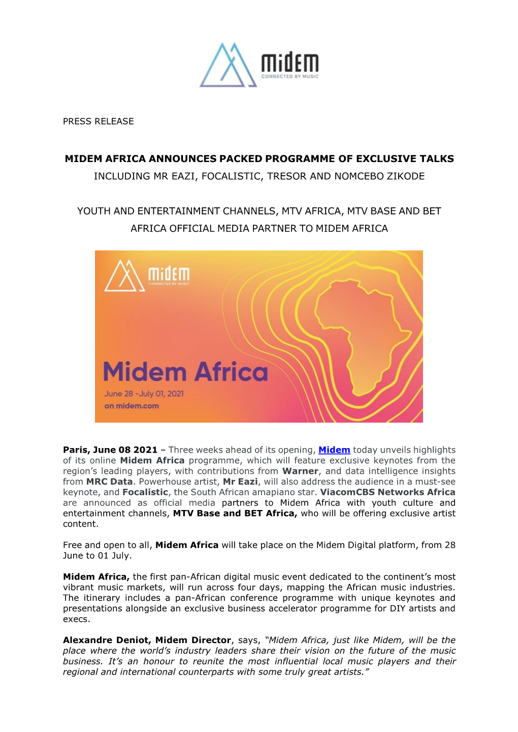 Midem Africa Announces Packed Programme of Exclusive Talks Including Mr Eazi, Focalistic, Tresor and Nomcebo Zikode Youth and E