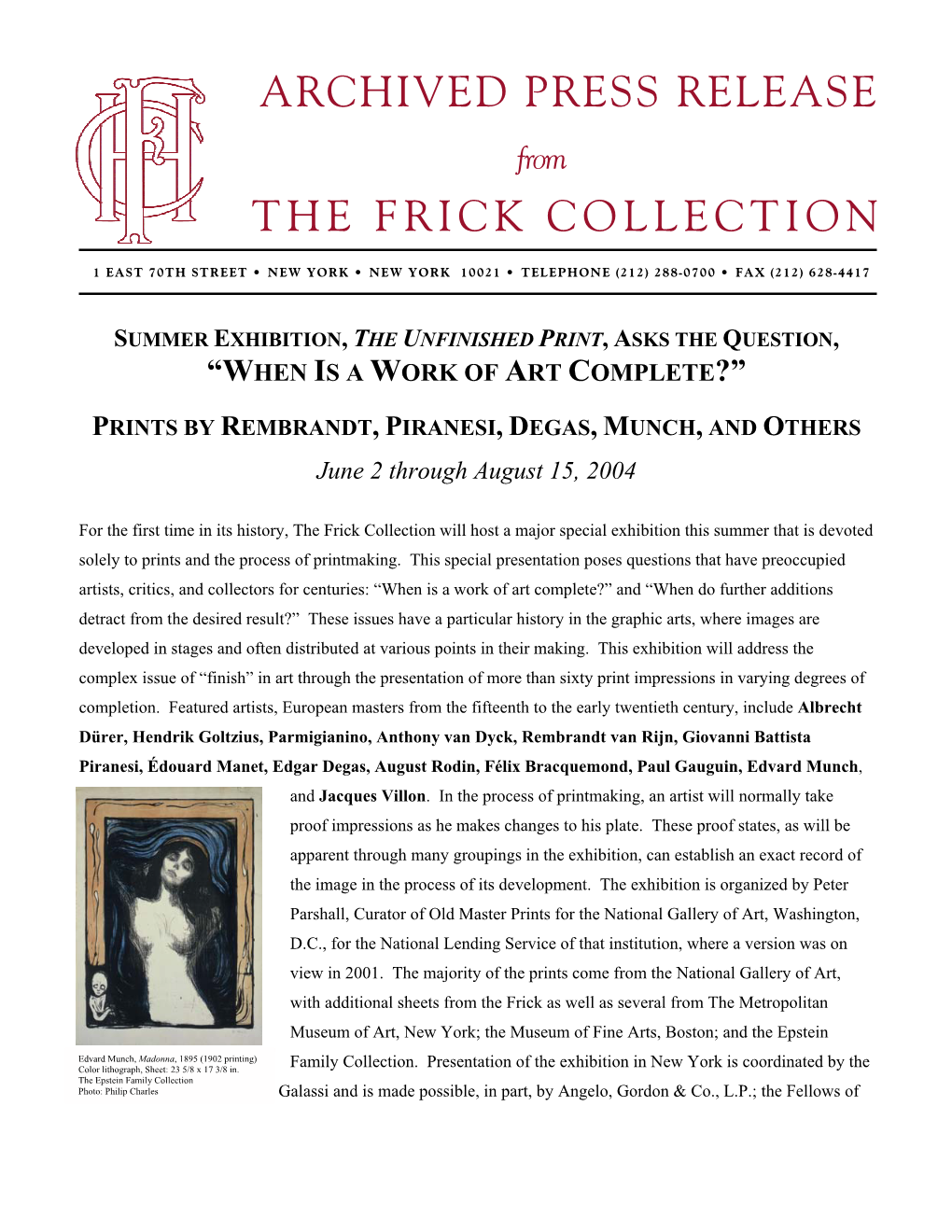 Archived Press Release the Frick Collection