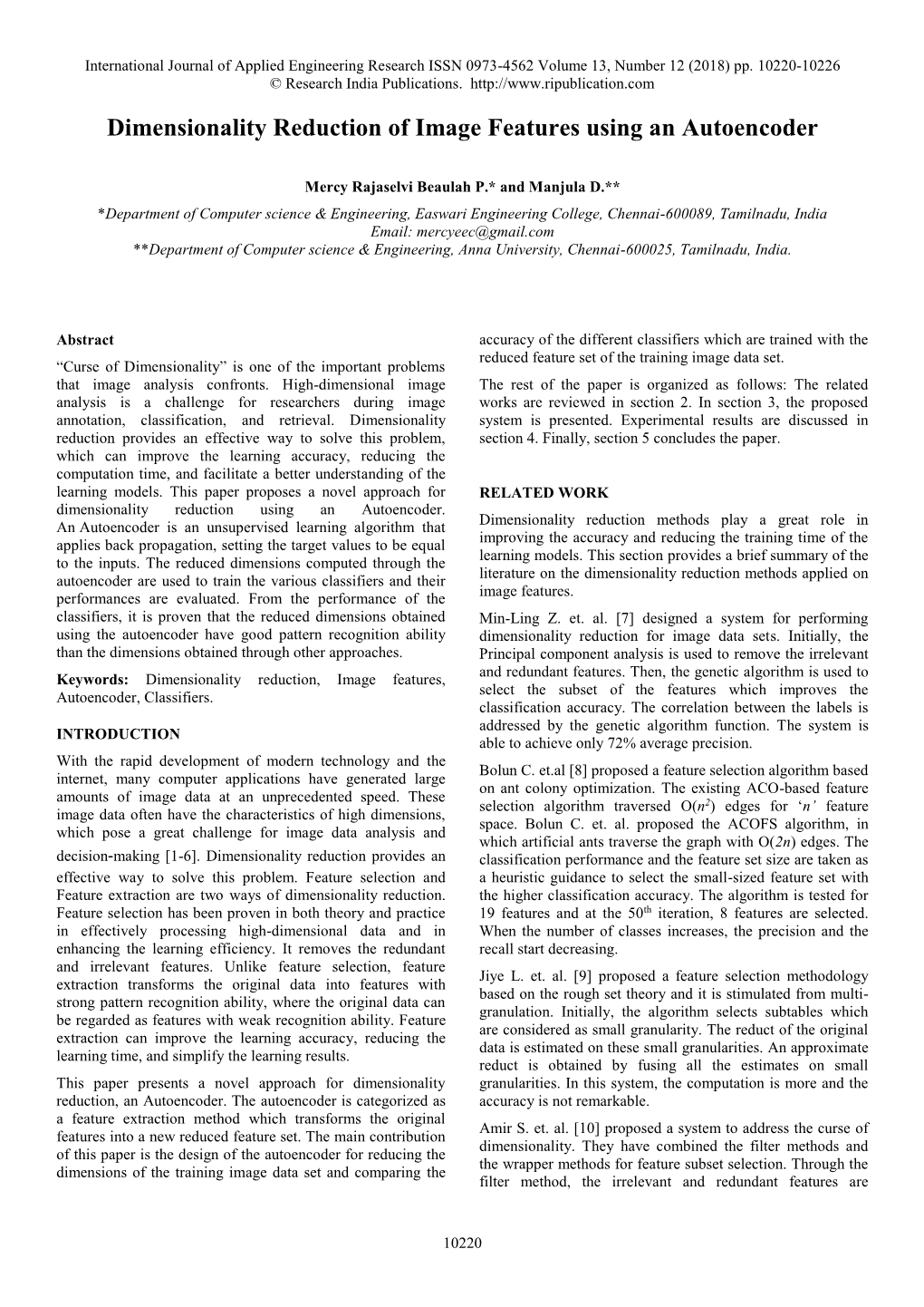 Dimensionality Reduction of Image Features Using an Autoencoder